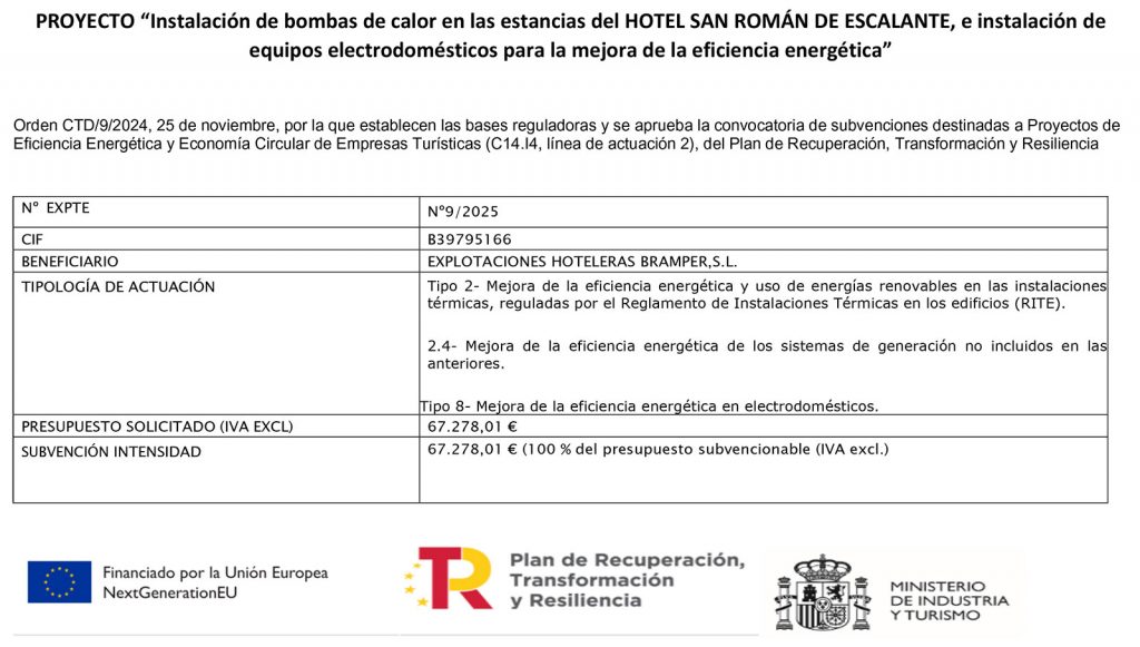 PROYECTO "Instalación de bombas de calor en las estancias del HOTEL SAN ROMÁN DE ESCALANTE, e instalación de equipos electrodomésticos para la mejora de la eficiencia energética"